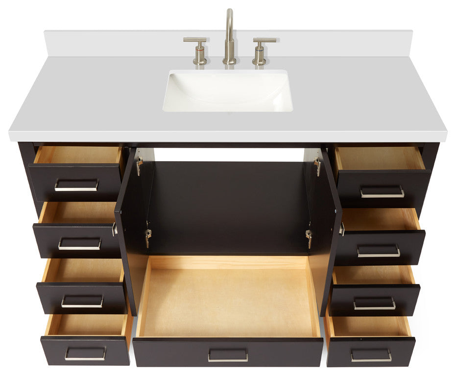 ARIEL Cambridge 55" Rectangle Sink Bathroom Vanity Quartz Top, No Mirror