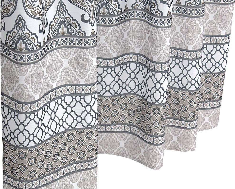 Charcoal Grey Tan White Fabric Shower Curtain: Floral Damask Geometric Border