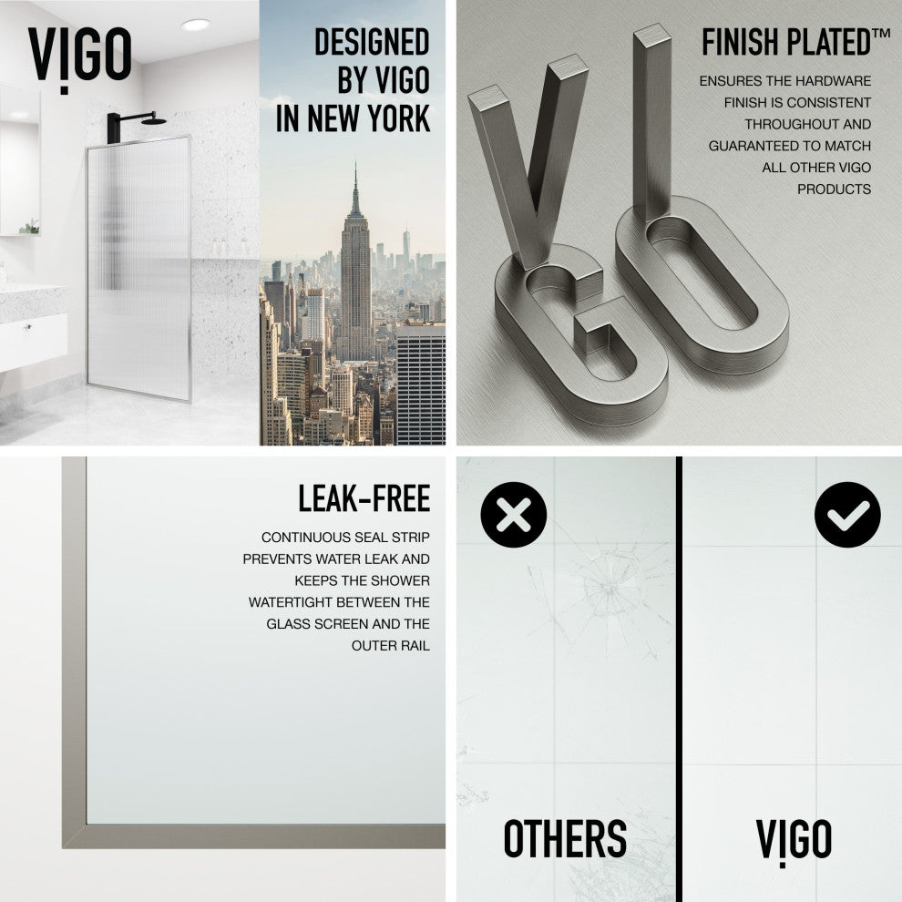 VIGO Meridian Framed Fixed, Stainless Steel, Shower Screen, 34" W X 74" H, Clear Glass