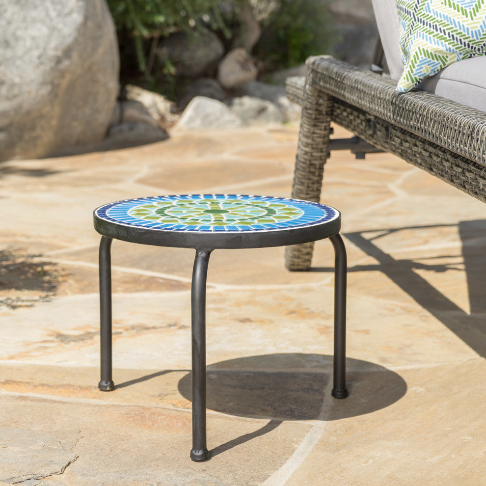 GDF Studio Isildur Outdoor Blue and Green Ceramic Tile Iron Frame Side Table