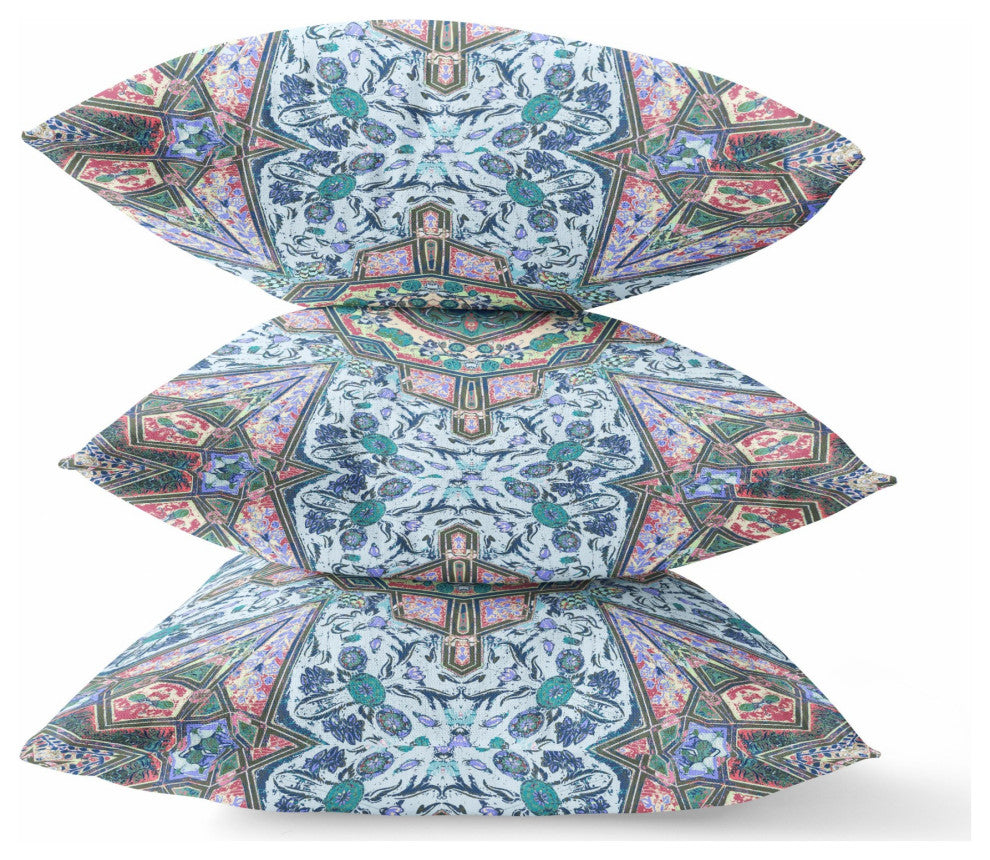 18" Pale Blue Pink Floral Medallion Suede Throw Pillow