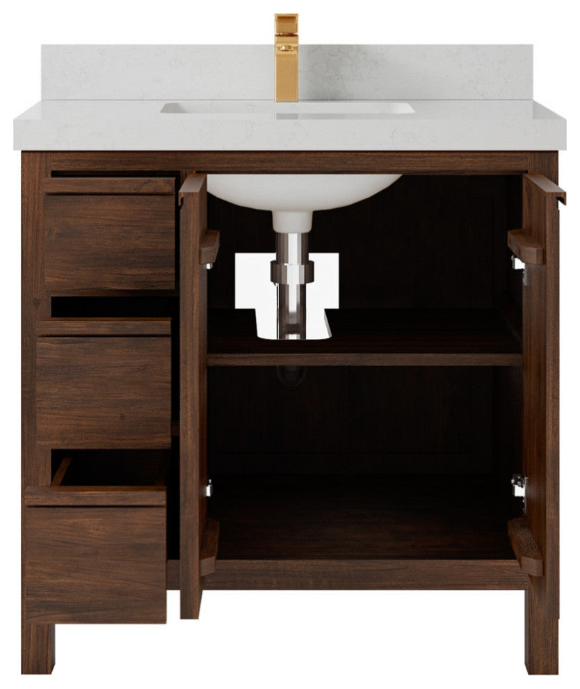 Elizabeth 36 Center Sink Bath Vanity in Dark Walnut Teak 2" Carrara Quartz