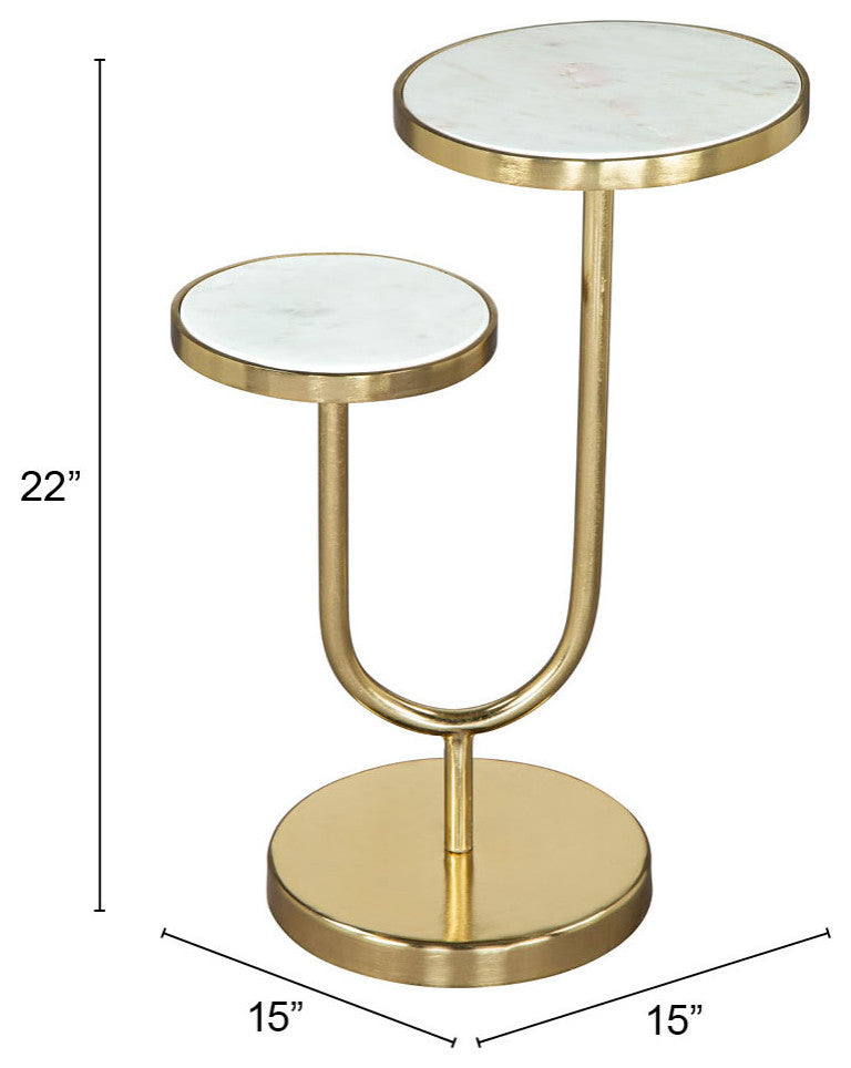 Sofa Side Table, Round, Artificial Marble, Iron Metal, White, Gold, Hospitality