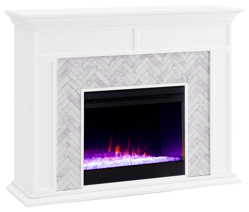 Torron Color Changing Marble Tiled Fireplace, White