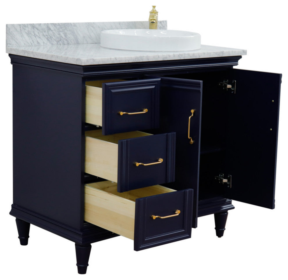 37" Single Vanity, Blue Finish With White Carrara