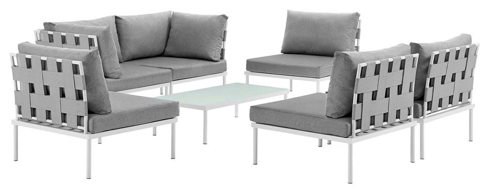 Modern Urban Outdoor Patio 7-Piece Sectional Sofa Set, Gray White Gray, Rattan