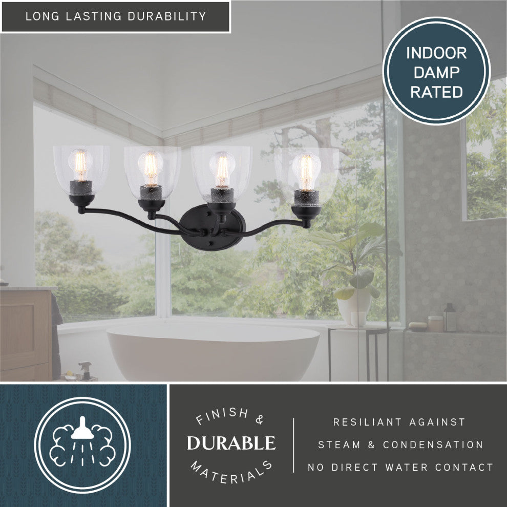 Bellwood 13.5" 2-Light Traditional Nickel Bathroom Vanity Fixture, Glass Shade, Matte Black, 4-Light