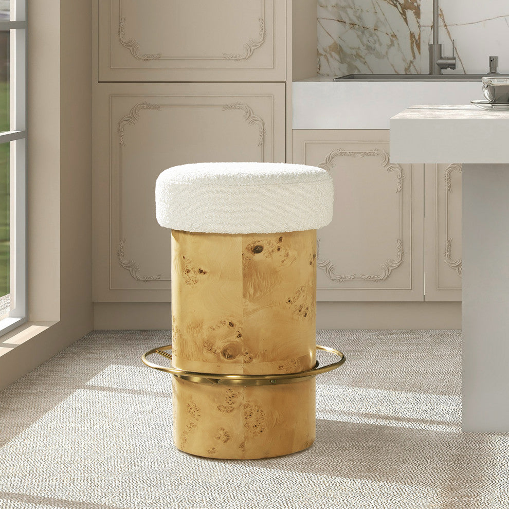 Nebula 26" Backless Round Burl Wood Counter Stool, Ivory White Boucle