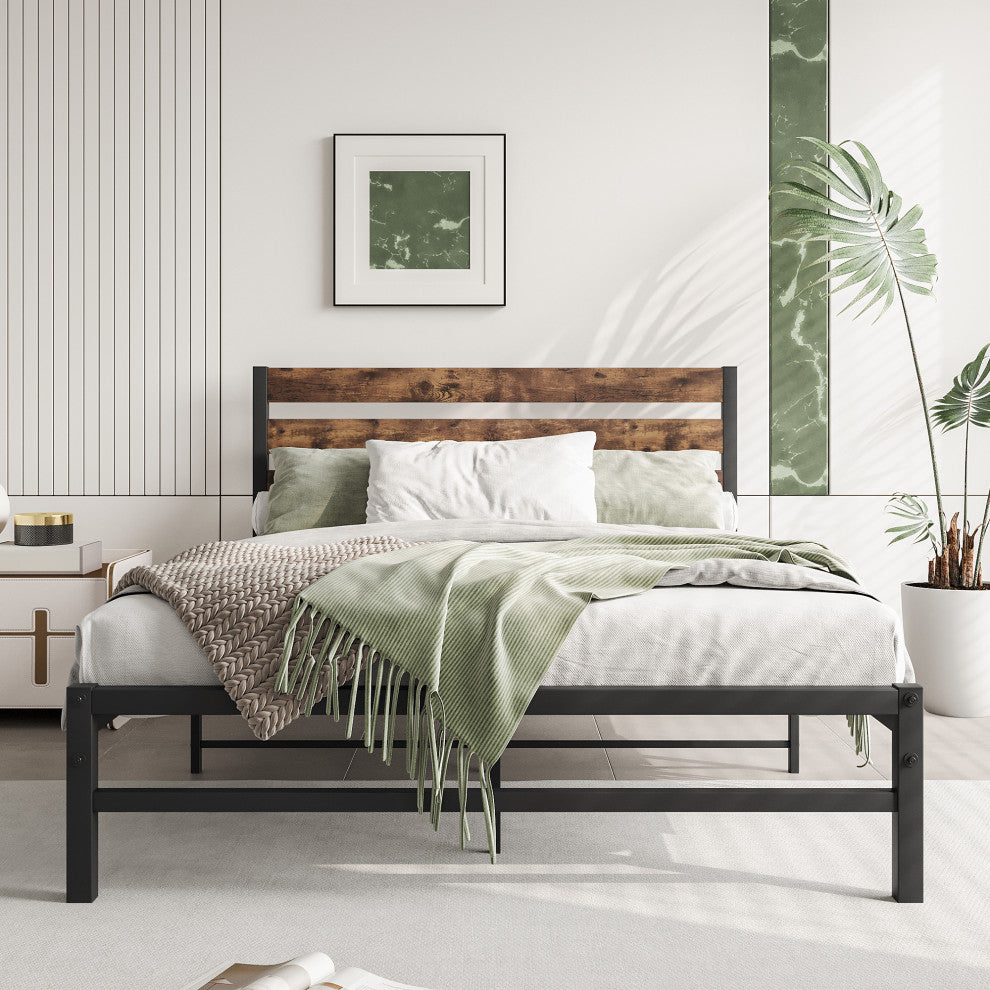 Gewnee Full Size Platform Bed Frame with Rustic Vintage Wood Headboard