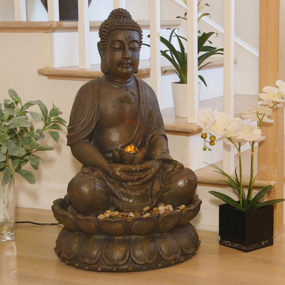 Alpine Meditating Buddha Fountain With LED Light, 33" Tall
