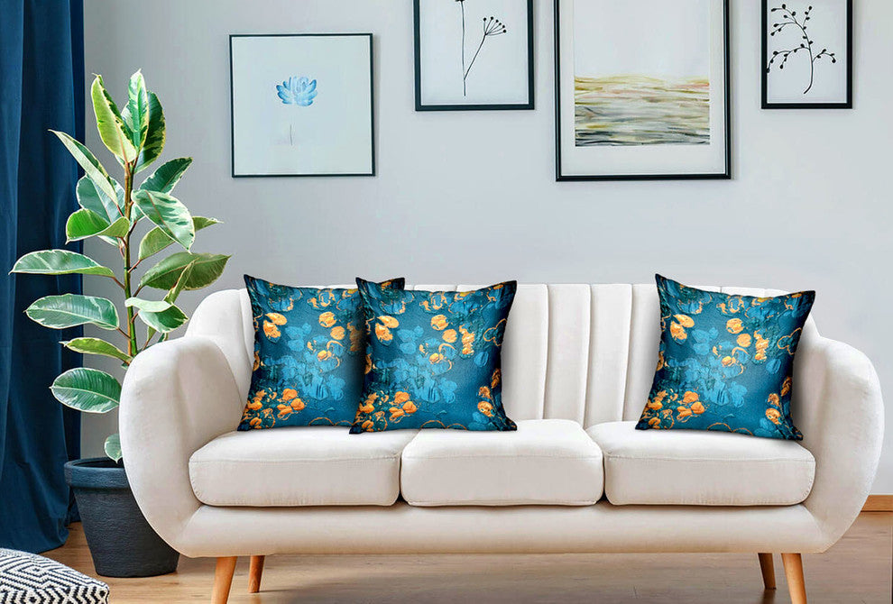Plutus Bronze Blossom Blue Floral Luxury Throw Pillow, 16"x16"