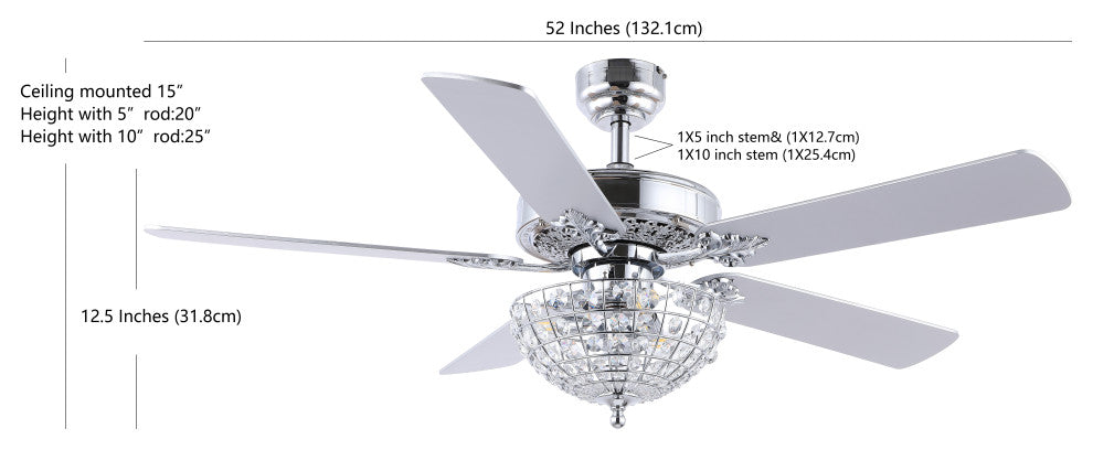 Mandy 52" 3-Light Glam Crystal Dome Shade LED Ceiling Fan With Remote, Chrome