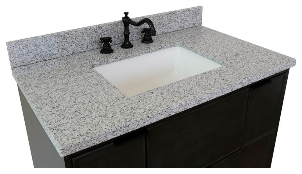 37" Single Vanity, Linen Gray Finish With Gray Granite Top And Rectangle Sink