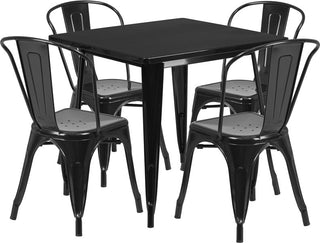 31.5'' Square Black Metal Indoor-Outdoor Table Set With 4 Stack Chairs