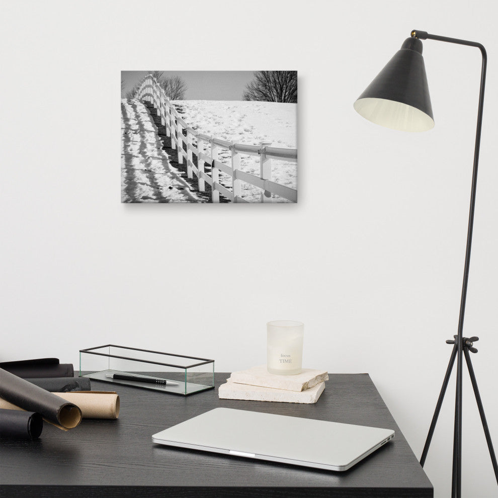 Endless Fence Rural Black & White Landscape Photo Canvas Wall Art Print, 12" X 16"