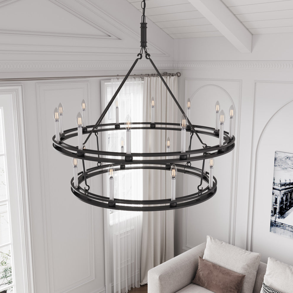 Matte Black 20-Lights Wagon Wheel Chandelier for Living Room