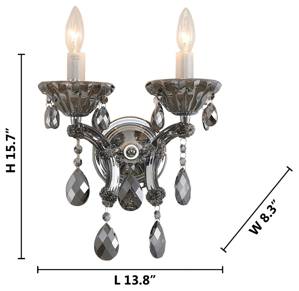 13.8" Chrome Metal Wall Sconce With Clear Crystals, Smoke Crystal