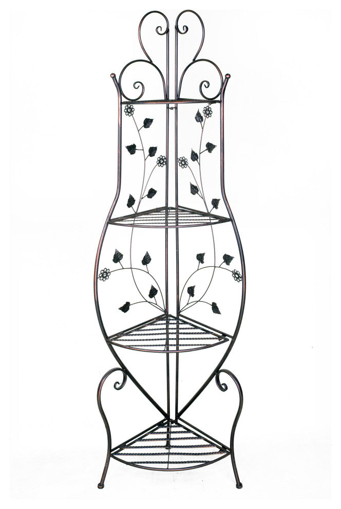 16" X 3.5" X 67.5" Blackened Copper Steel Corner Bakers Rack With Shelves