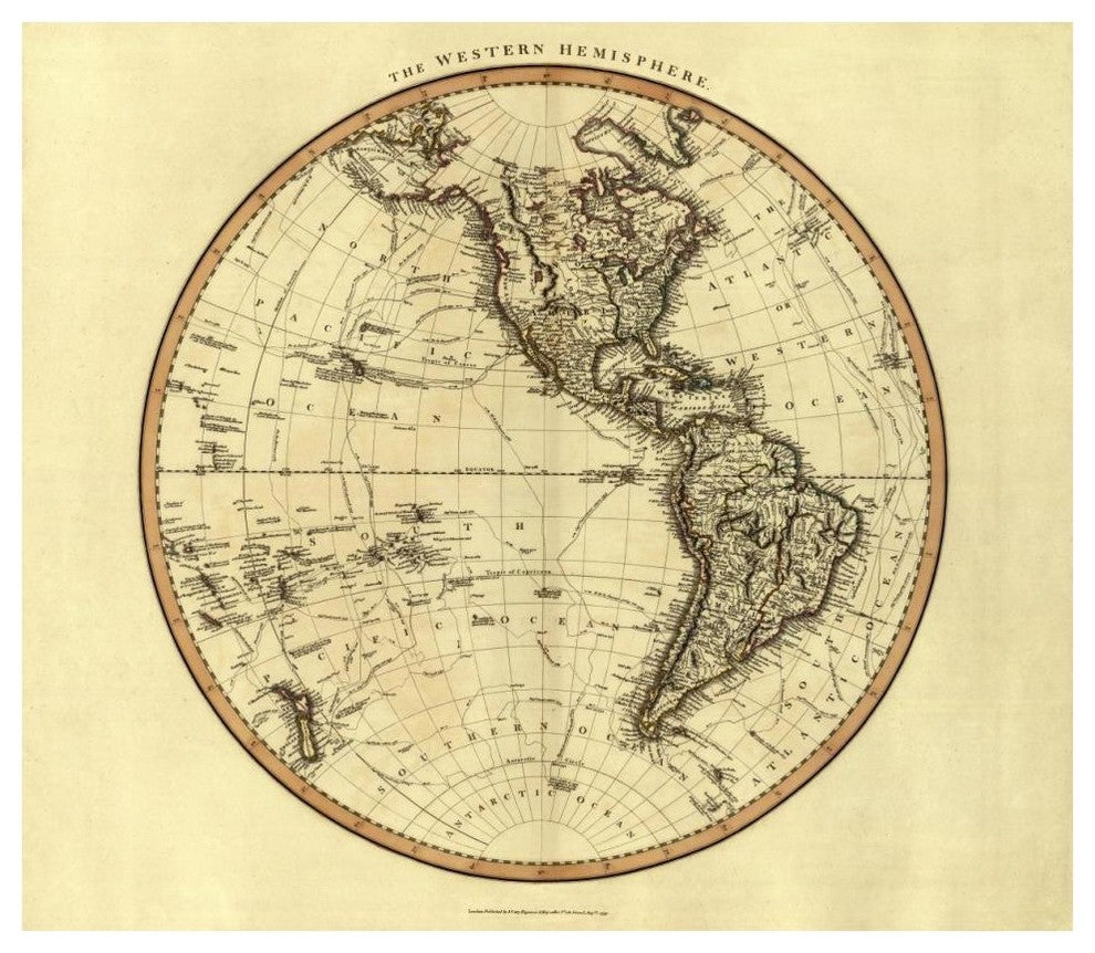 "Western Hemisphere, 1799" Digital Paper Print by John Cary, 42"x37"