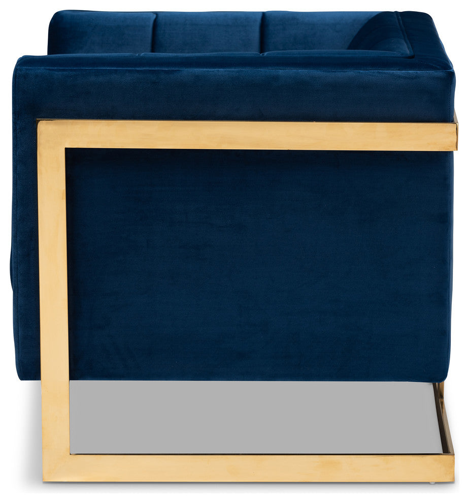 Rolland Royal Blue Velvet Button Tufted Armchair With Gold-Tone Frame