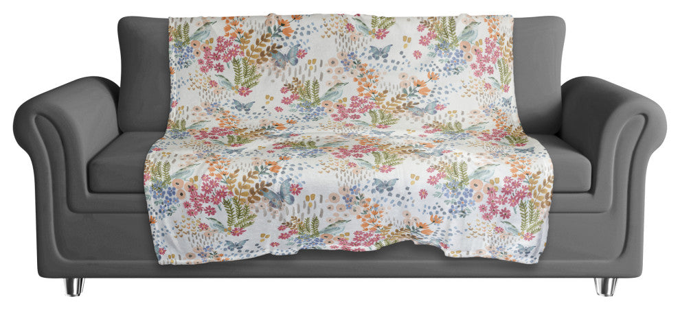 Butterfly Bird Floral on White 50x60 Coral Fleece Blanket