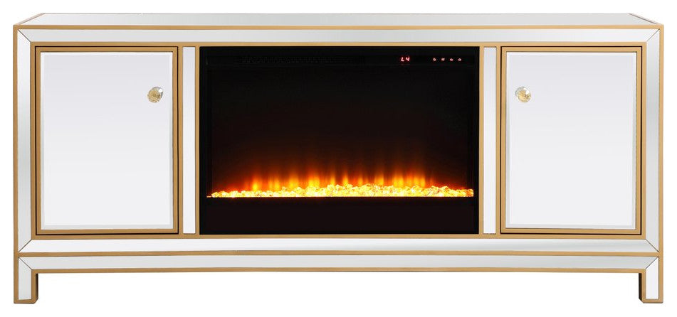 Rosie 60" Mirrored TV Stand With Crystal Fireplace, Gold