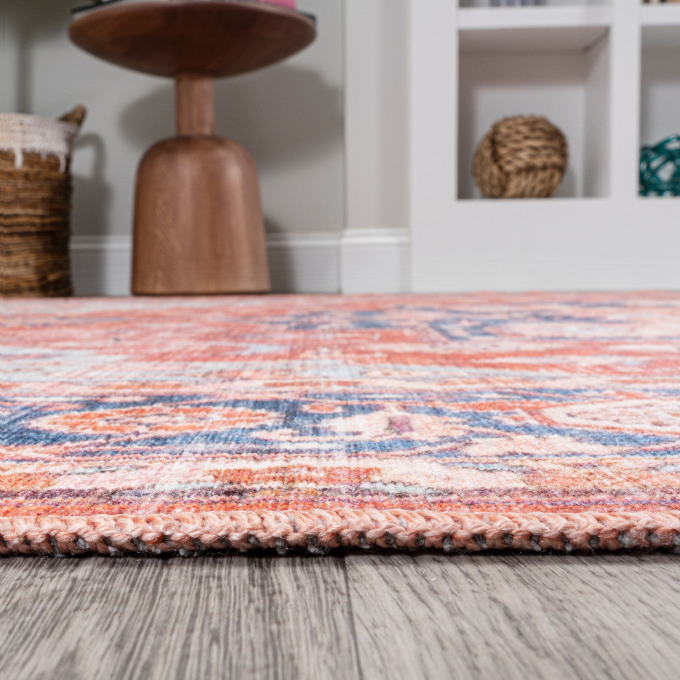 Maris Ornate Medallion Machine Washable Indoor Area Rug, Orange/Cream, 8 X 10