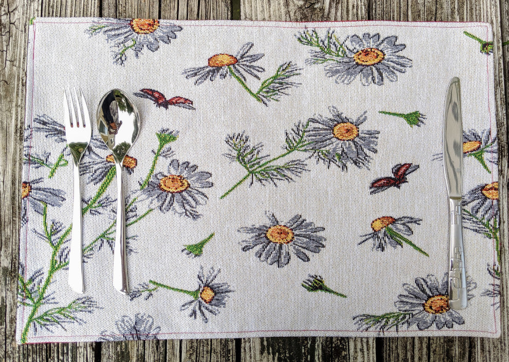 Seasonal Floral Woven Fabric Tapestry Kitchen Table Mats Cloth Placemats, Daisies