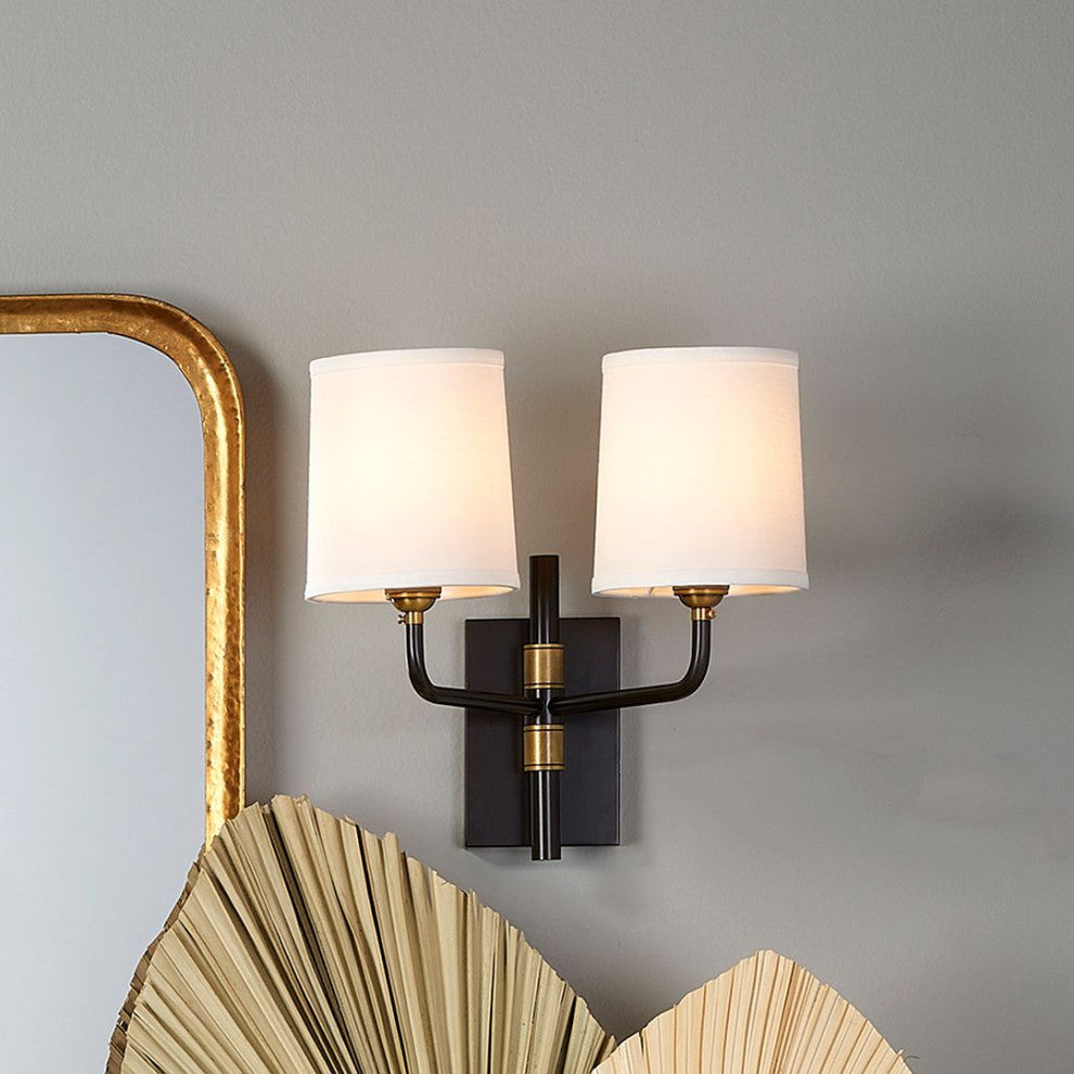 Classic Traditional Double Arm 2 Light Wall Sconce Bronze White Shades Elegant