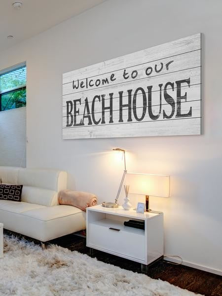 "Welcome to Our Beach" Painting Print on White Wood, 60"x30"