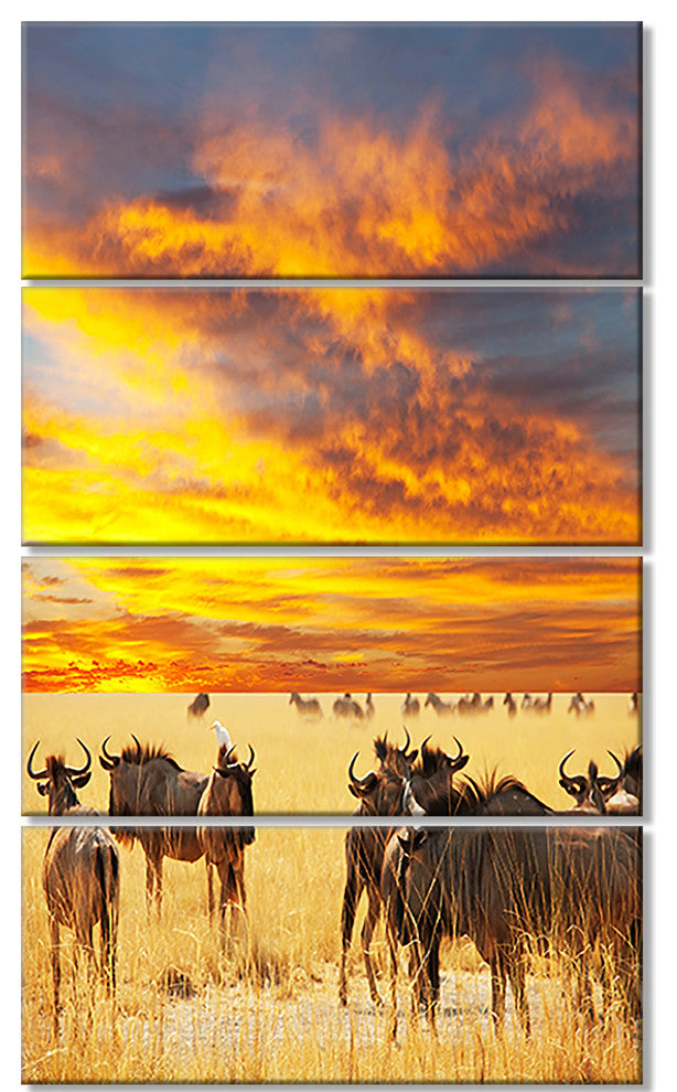 Antelope Crowd At Sunset, African Canvas Art Print, 28"x48", 4 Panels