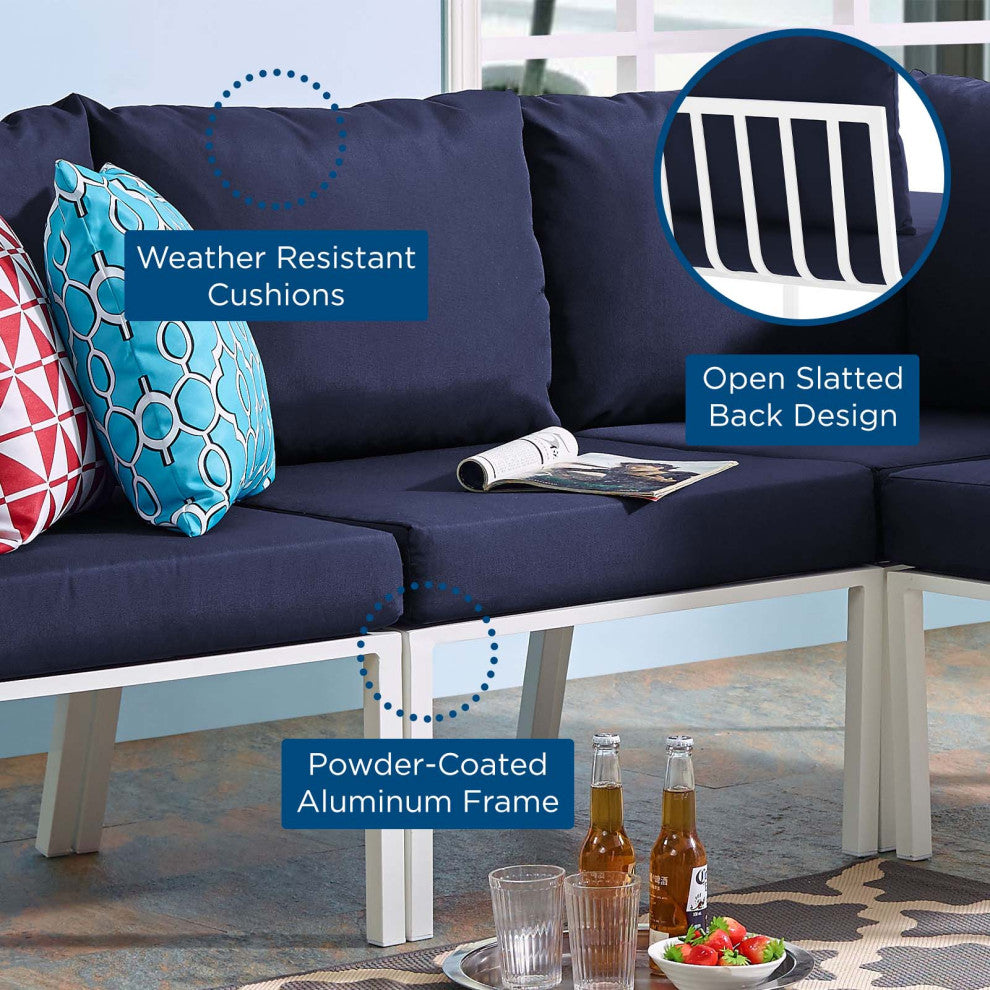 Lounge Chair, Aluminum, Metal, White Blue Navy, Modern, Outdoor Patio Bistro