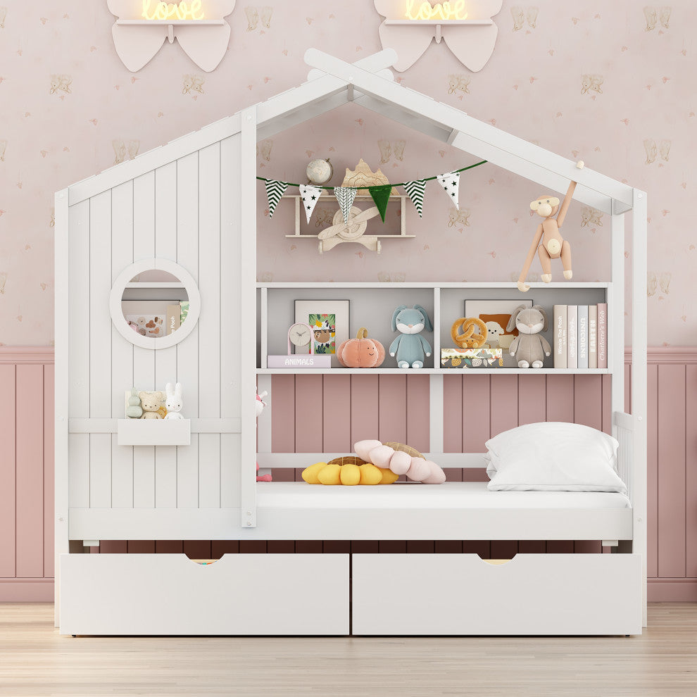 Gewnee  Wooden Twin Size House Bed with 2 Drawers