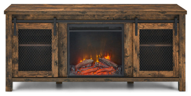 Farmhouse fireplace tv stand 65 inch rustic Cabinet Door with wood 4 Storage She