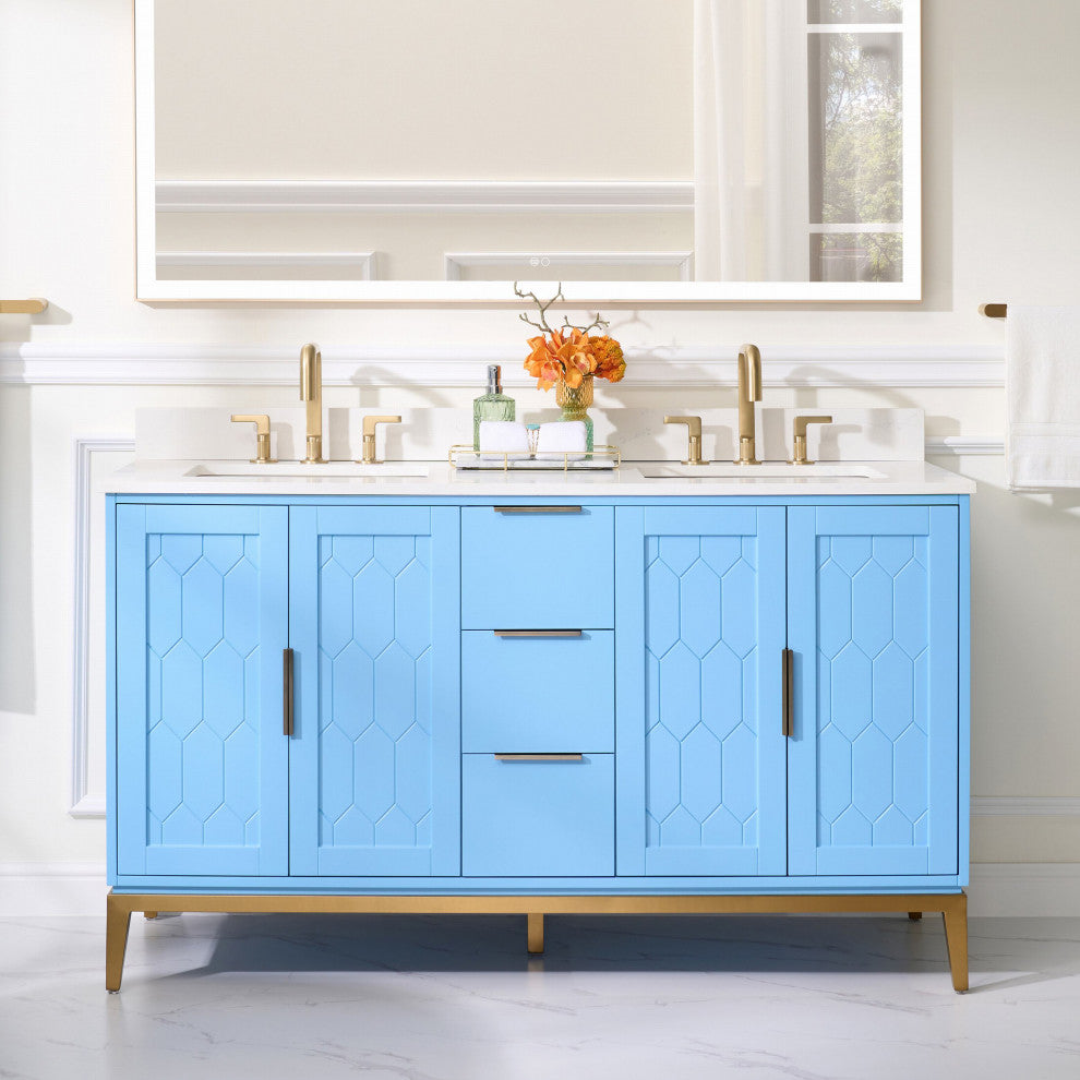 Alison Freestanding Bathroom Vanity with Italian Carrara White Marble Top, Light Blue, 60"