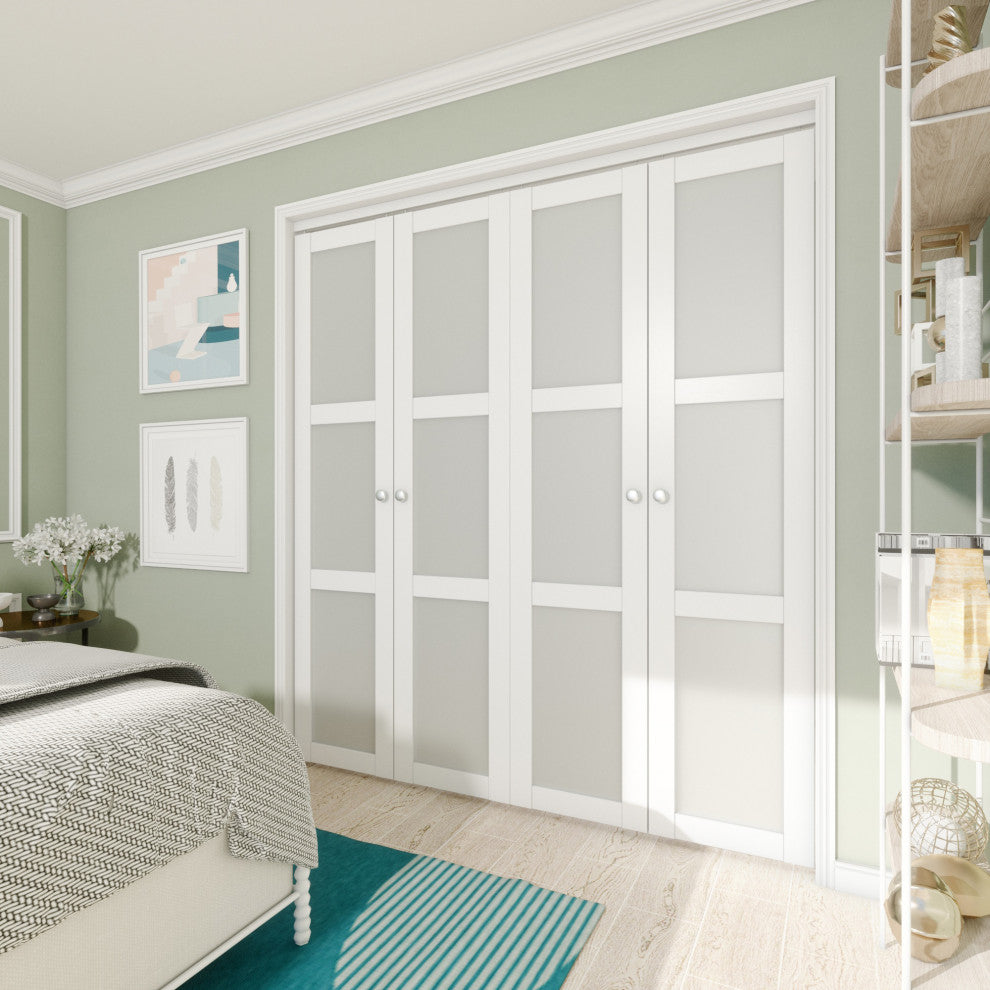 3-lite Frosted Glass Bi-Fold Door with Installation Hardware Kit, 36"w X 78"h