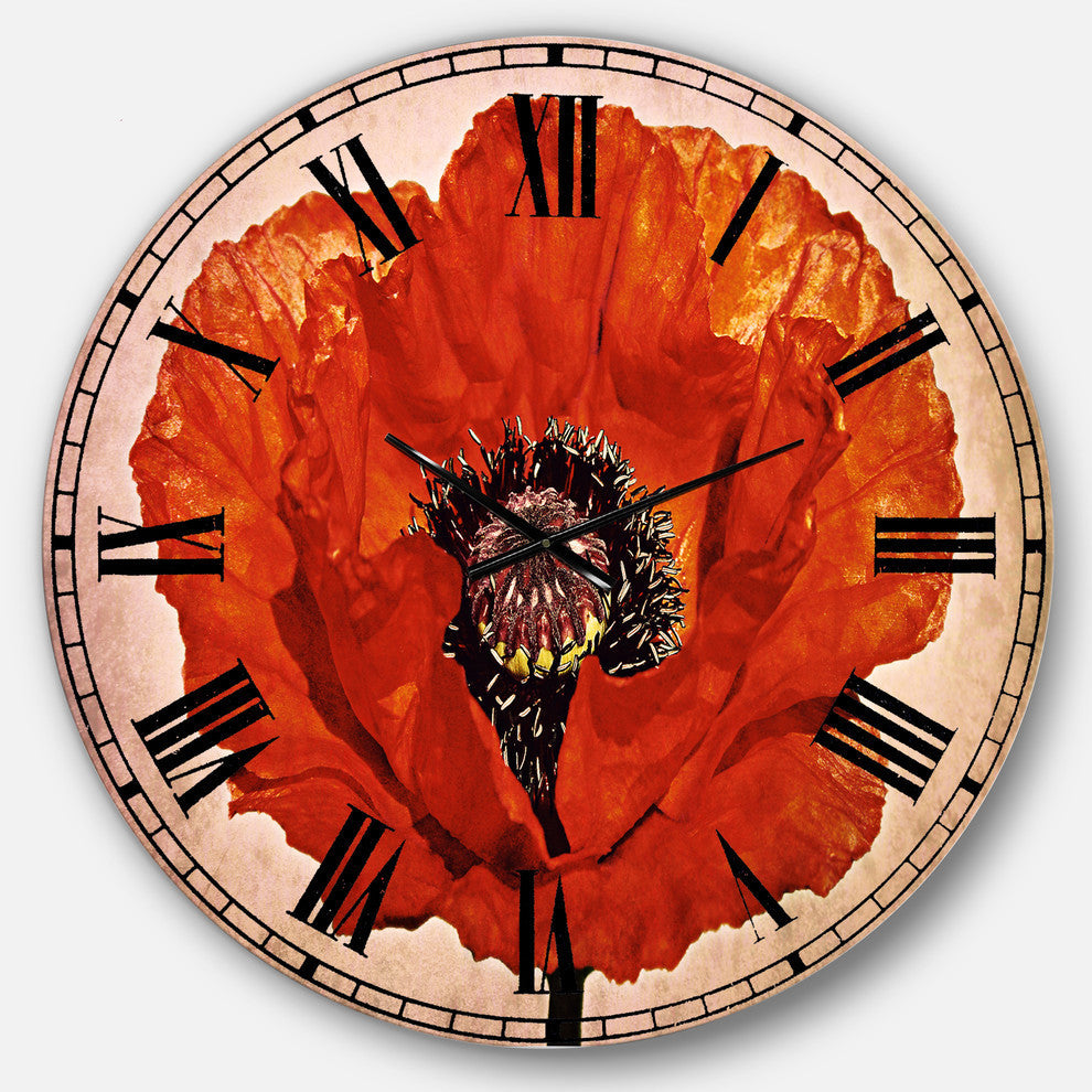 Red Poppy Blossom Close Up Floral Large Metal Wall Clock, 36x36