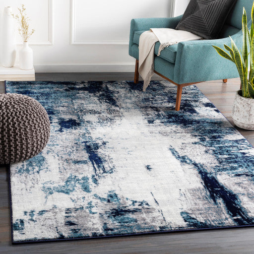 Surya Wanderlust WNL-2309 5'3" Round Rug, Aqua/Navy/White/Silver Gray/Black