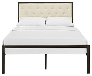 Mia Full Tufted Upholstered Fabric and Steel Bed, Brown Beige
