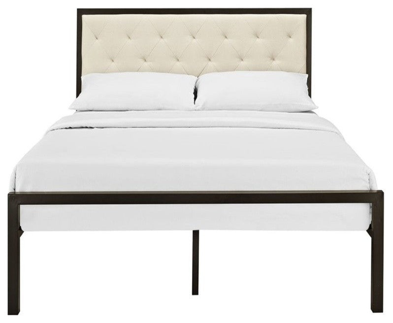 Mia Full Tufted Upholstered Fabric and Steel Bed, Brown Beige