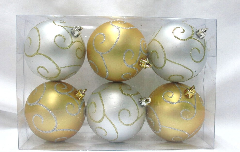 6-Pack Gold And Silver Ball Ornament With Swirl Design
