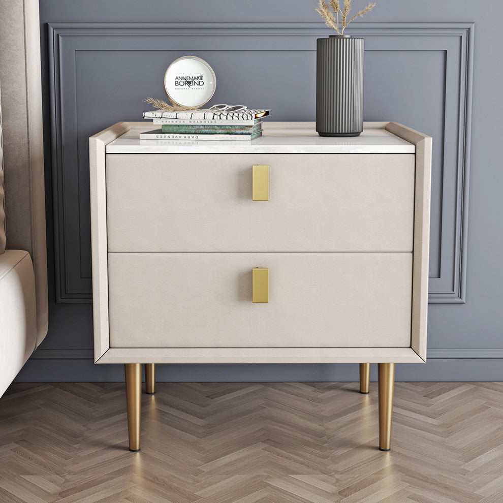 2 Drawers Nightstand PU Leather Bedside Table Nightstand with Gold Metal Legs