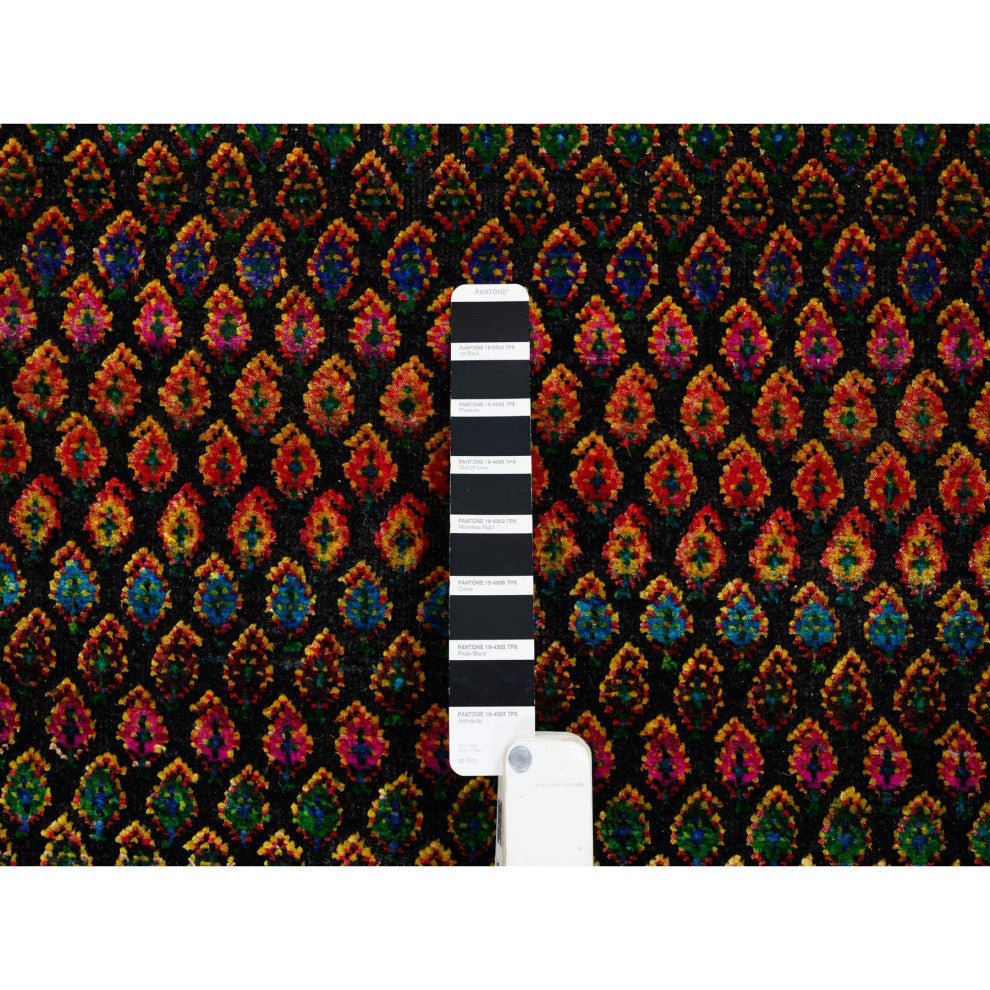 Black, Sarouk Mir Inspired Design, Wool and Silk Hand Knotted Rug, 4'0"x6'0"
