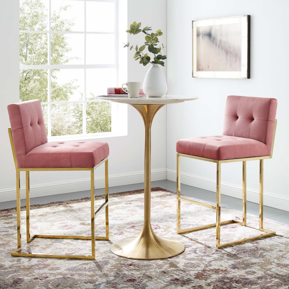 Privy Gold Stainless Steel Performance Velvet Bar Stool Set of 2 Gold Dusty Rose