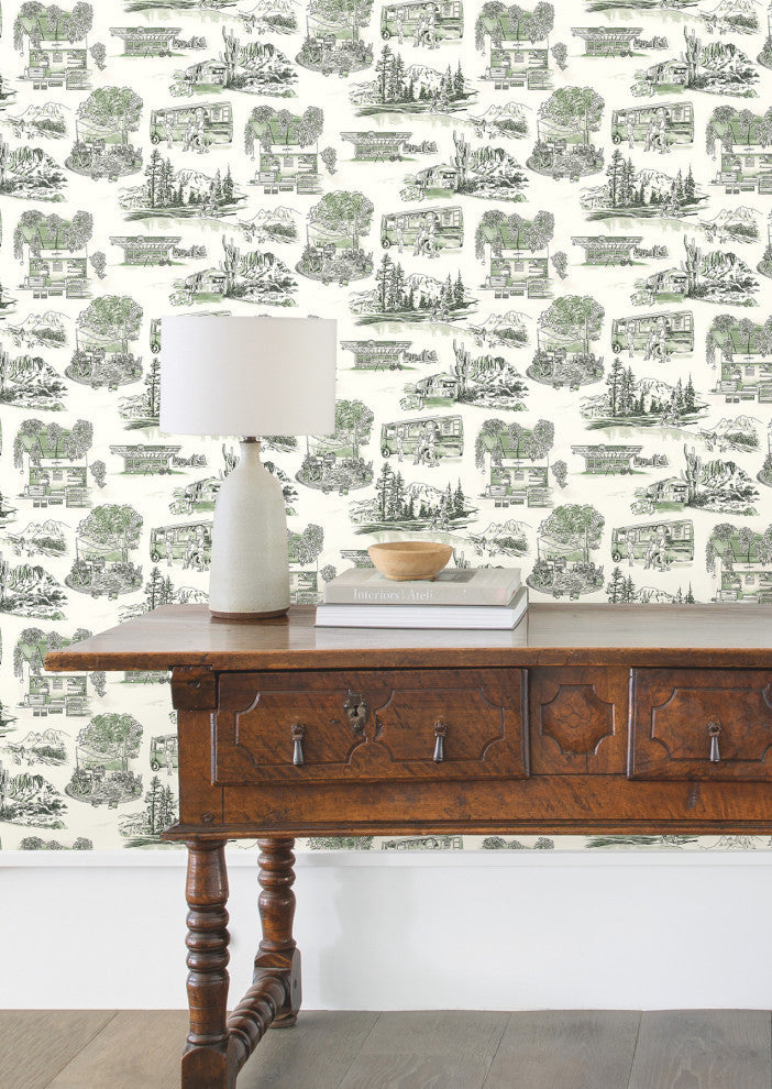 Modern Vista Toile Evergreen Wallpaper