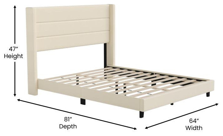 Hollis Upholstered Platform Bed with Wingback Headboard w/Mattress Foundation, Beige, Queen