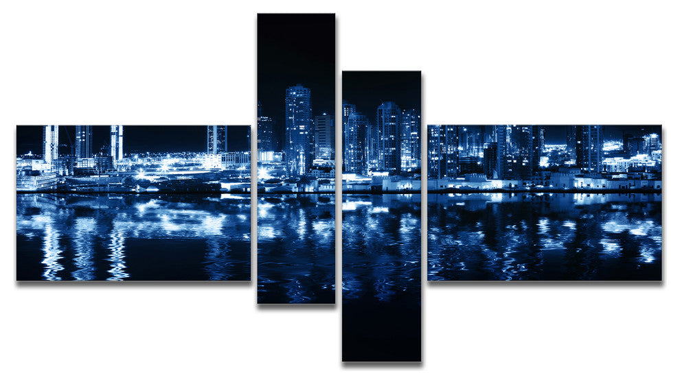 Glowing City at Midnight, Cityscape Photo Canvas Print, 60"x32", 4 panels