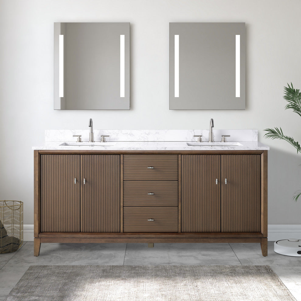 Vanity Art Bathroom Vanity with Engineered Marble Top and Sink, Walnut, 72" (Double Sink), Brushed Nickel