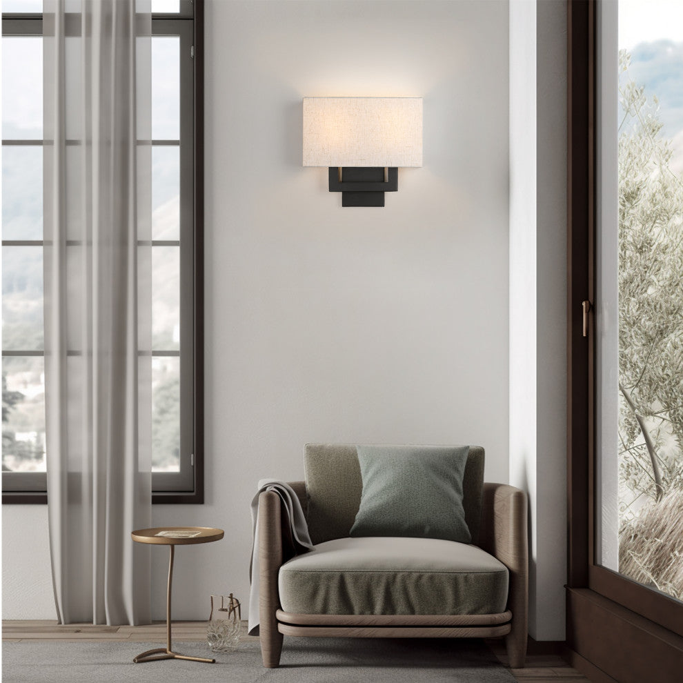 Wall Sconce Light, Dark Bronze With Oatmeal Shade, 13.25" With 2 Sockets