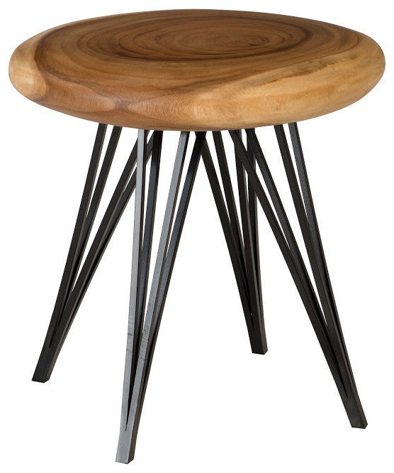 Smoothed Stool on Black Metal Legs, Chamcha Wood, Natural